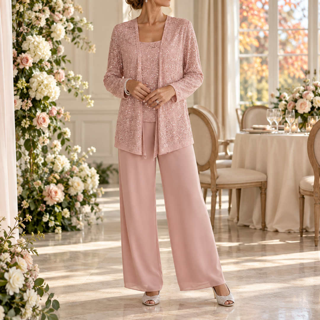 Completo rosa antico con giacca a paillettes e pantaloni larghi da cerimonia