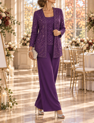 Completo donna tre pezzi viola con giacca a paillettes e pantaloni larghi