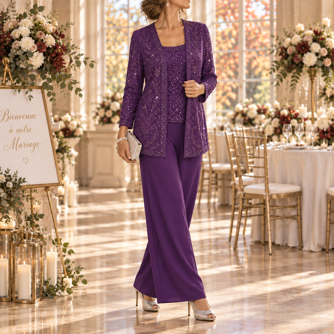 Completo donna tre pezzi viola con giacca a paillettes e pantaloni larghi