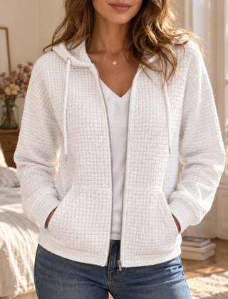 Felpa bianca con cappuccio, zip integrale e coulisse, texture a quadretti in rilievo