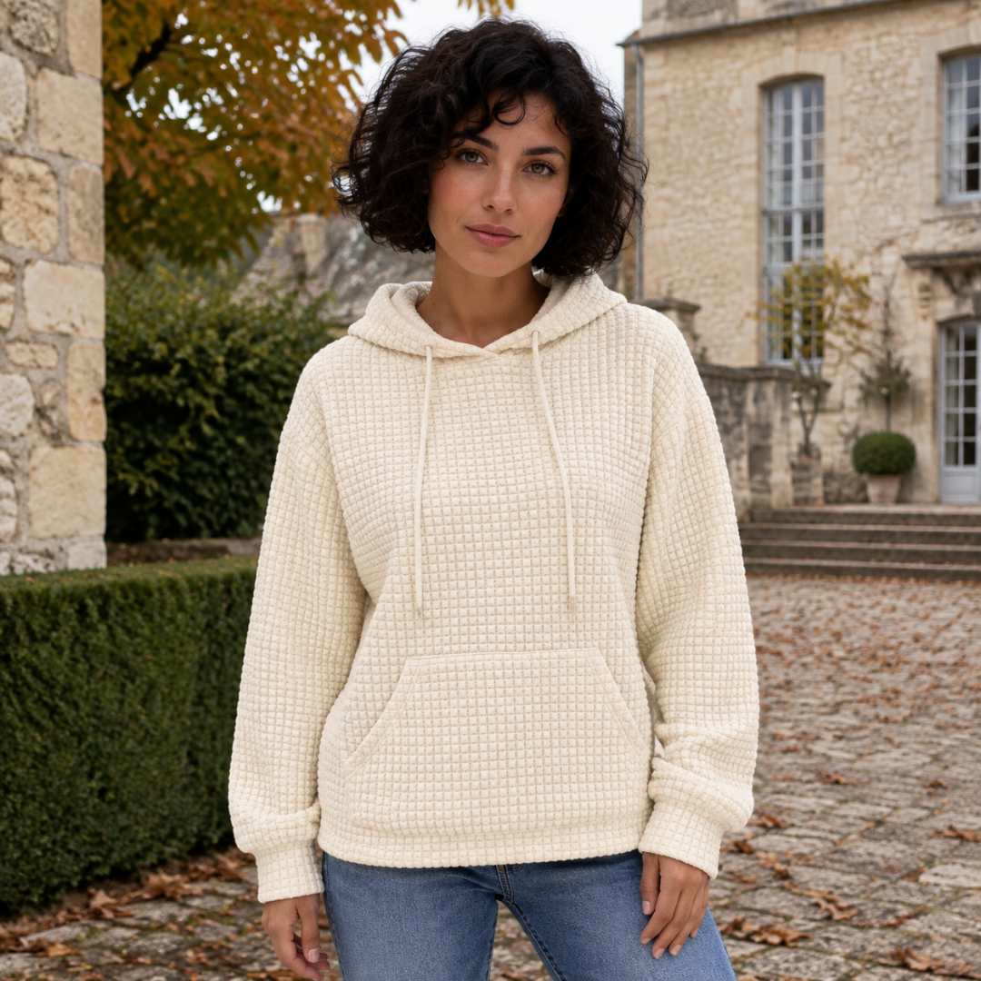 Felpa beige con cappuccio, lacci della coulisse lunghi e tasca frontale ampia