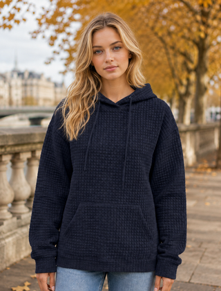 Felpa blu navy con cappuccio a nido d'ape, coulisse e tasca a marsupio
