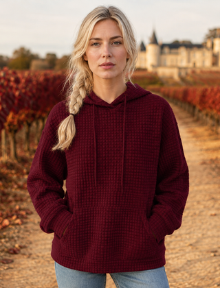 Felpa bordeaux con cappuccio a nido d'ape, coulisse e tasca frontale