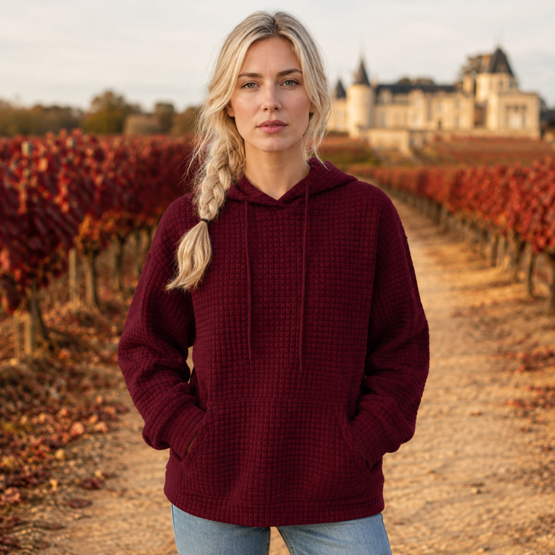 Felpa bordeaux con cappuccio a nido d'ape, coulisse e tasca frontale