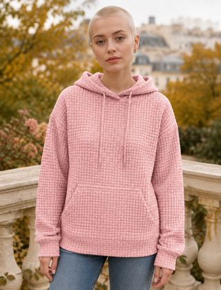 Felpa con cappuccio rosa a nido d'ape con coulisse e tasca a marsupio