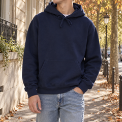 Felpa blu navy con cappuccio, maniche lunghe e fondo a coste