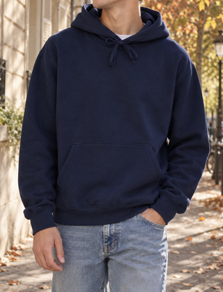 Felpa blu navy con cappuccio, maniche lunghe e fondo a coste