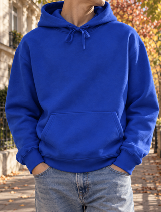Felpa blu royal con cappuccio da uomo e ampia tasca a marsupio frontale