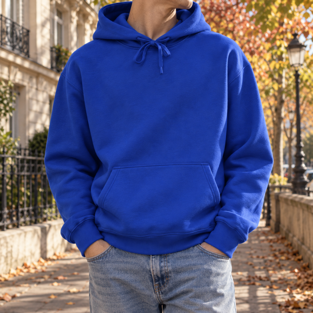 Felpa blu royal con cappuccio da uomo e ampia tasca a marsupio frontale