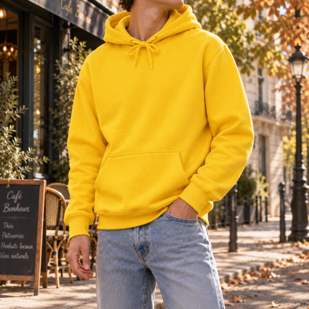 Felpa gialla con cappuccio indossata con pantaloni chiari, tasca frontale in evidenza