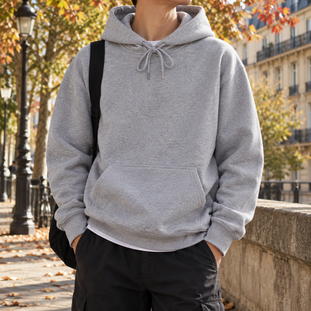 Felpa grigio chiaro con cappuccio e tasca frontale, indossata con pantaloni neri