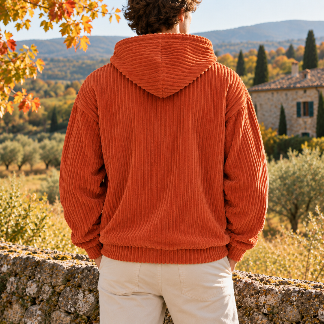 Retro della felpa arancione con cappuccio e fondo a costine, coste verticali