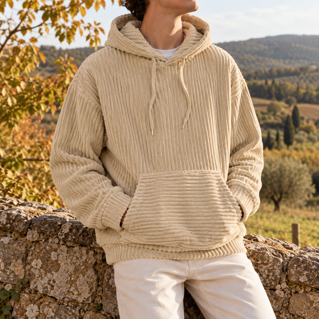 Felpa beige con cappuccio in velluto a coste e tasca a marsupio ampia
