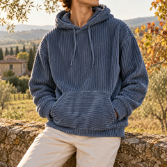 Felpa blu con cappuccio in velluto a coste, polsini e fondo a costine