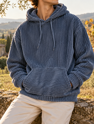 Felpa blu con cappuccio in velluto a coste, polsini e fondo a costine