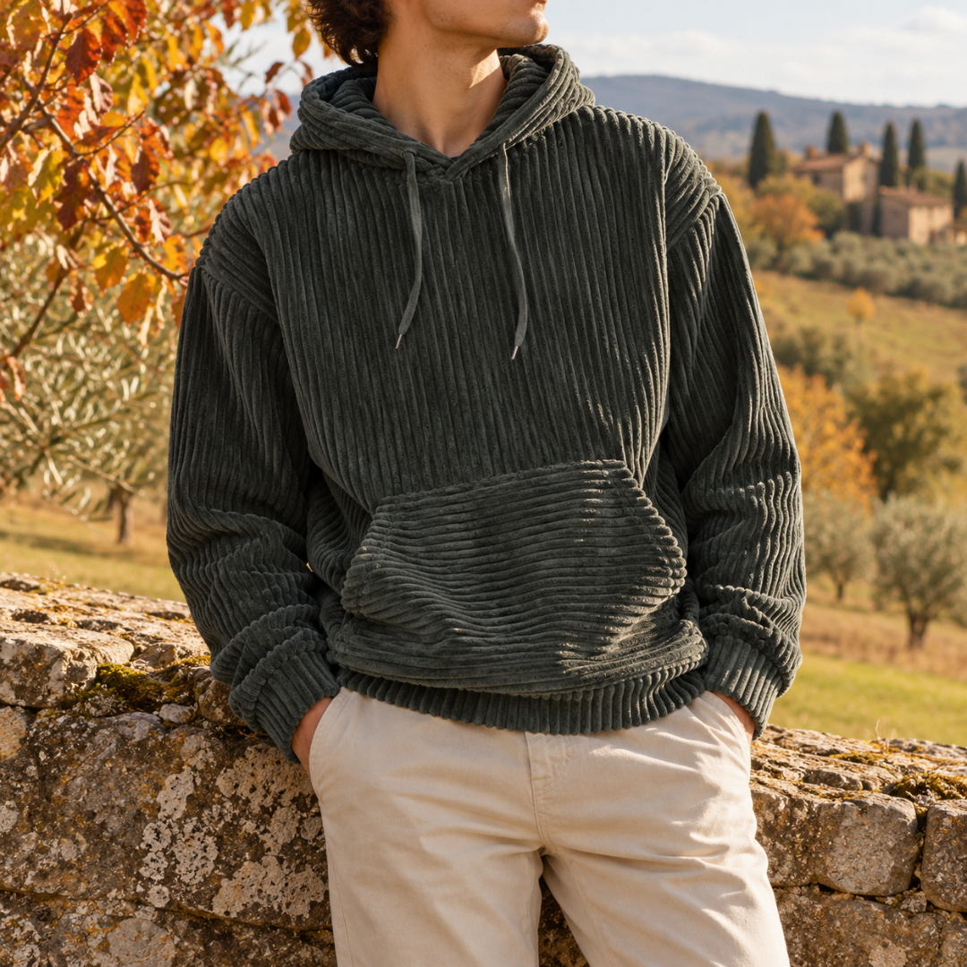 Felpa verde scuro a coste con cappuccio, lacci coulisse e tasca a marsupio
