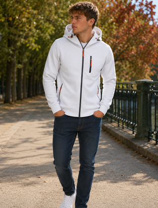 Felpa con cappuccio uomo bianca con zip integrale e tiranti arancioni a contrasto