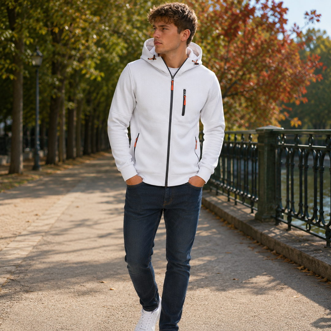 Felpa con cappuccio uomo bianca con zip integrale e tiranti arancioni a contrasto