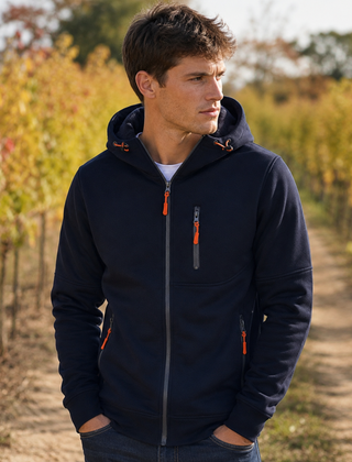 Felpa con cappuccio uomo blu navy con tiranti arancioni e tasca sul petto