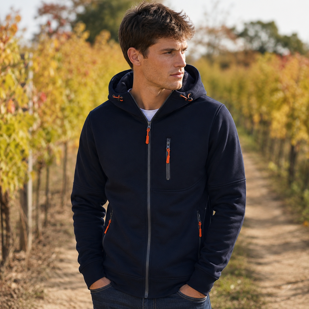 Felpa con cappuccio uomo blu navy con tiranti arancioni e tasca sul petto