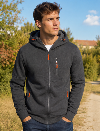 Felpa con cappuccio uomo grigio scuro con zip integrale e tasche laterali con zip