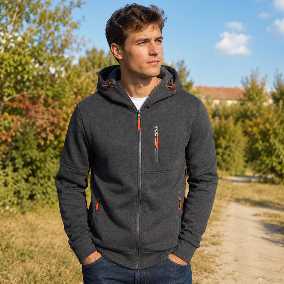 Felpa con cappuccio uomo grigio scuro con zip integrale e tasche laterali con zip