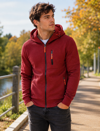 Felpa con cappuccio uomo rossa con zip integrale e tasca con zip sul petto