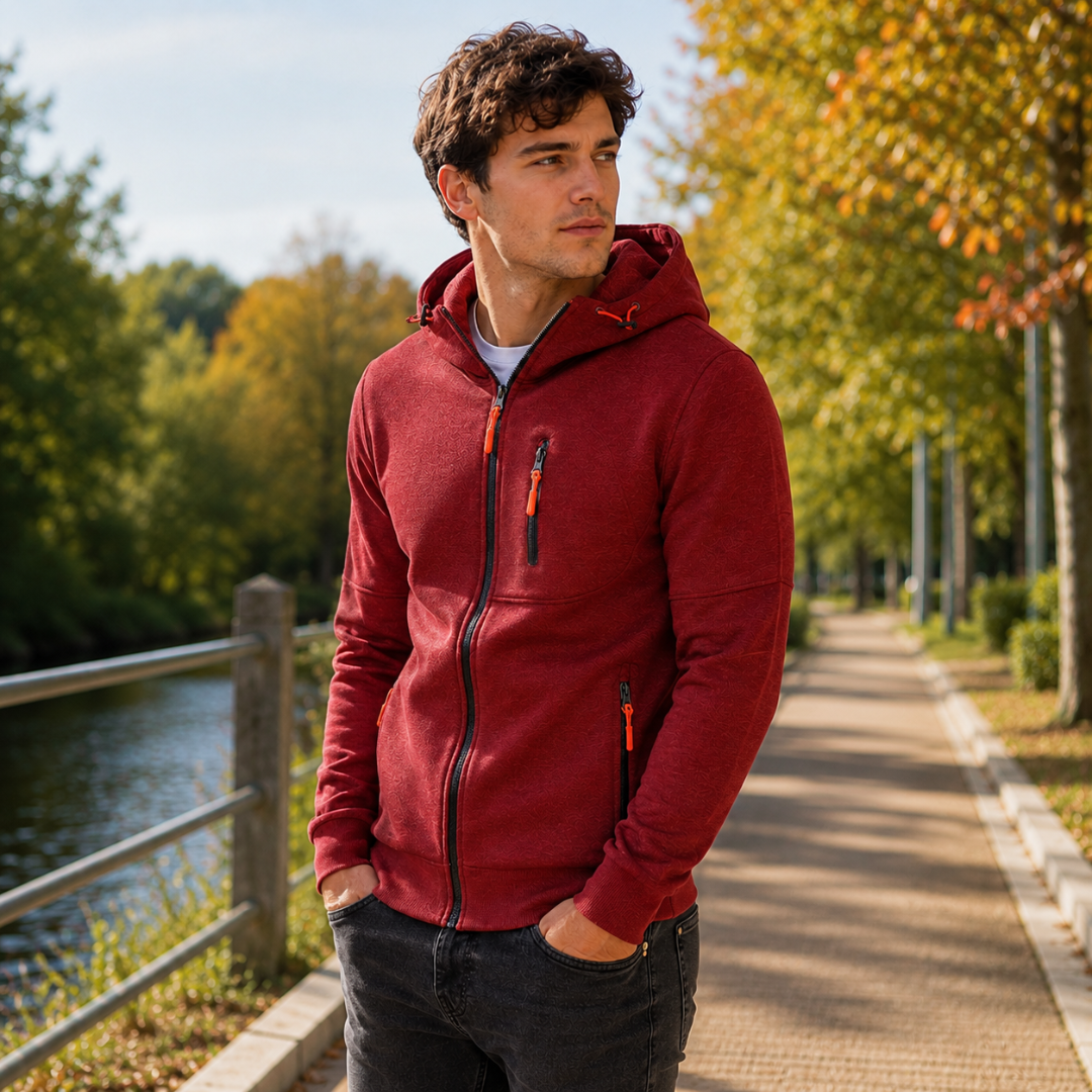 Felpa con cappuccio uomo rossa con zip chiusa e coulisse sul cappuccio