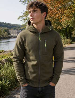 Felpa con cappuccio uomo verde militare con tasca con zip e tiranti fluo