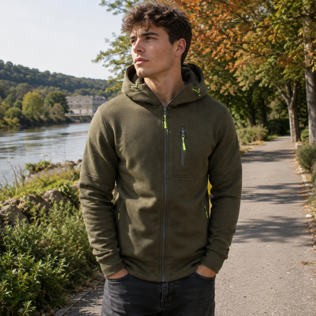Felpa con cappuccio uomo verde militare con tasca con zip e tiranti fluo