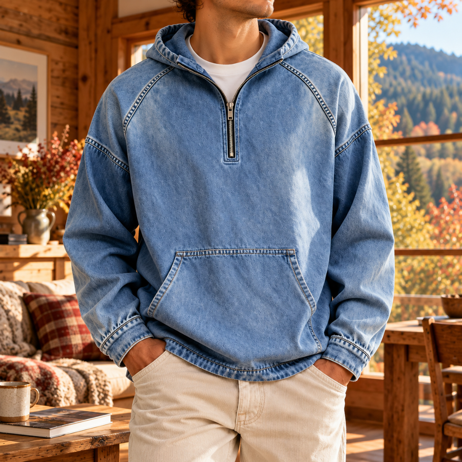 Felpa con cappuccio uomo azzurra con mezza zip e tasca a marsupio frontale
