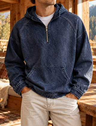 Felpa con cappuccio uomo blu navy con mezza zip e tasca frontale