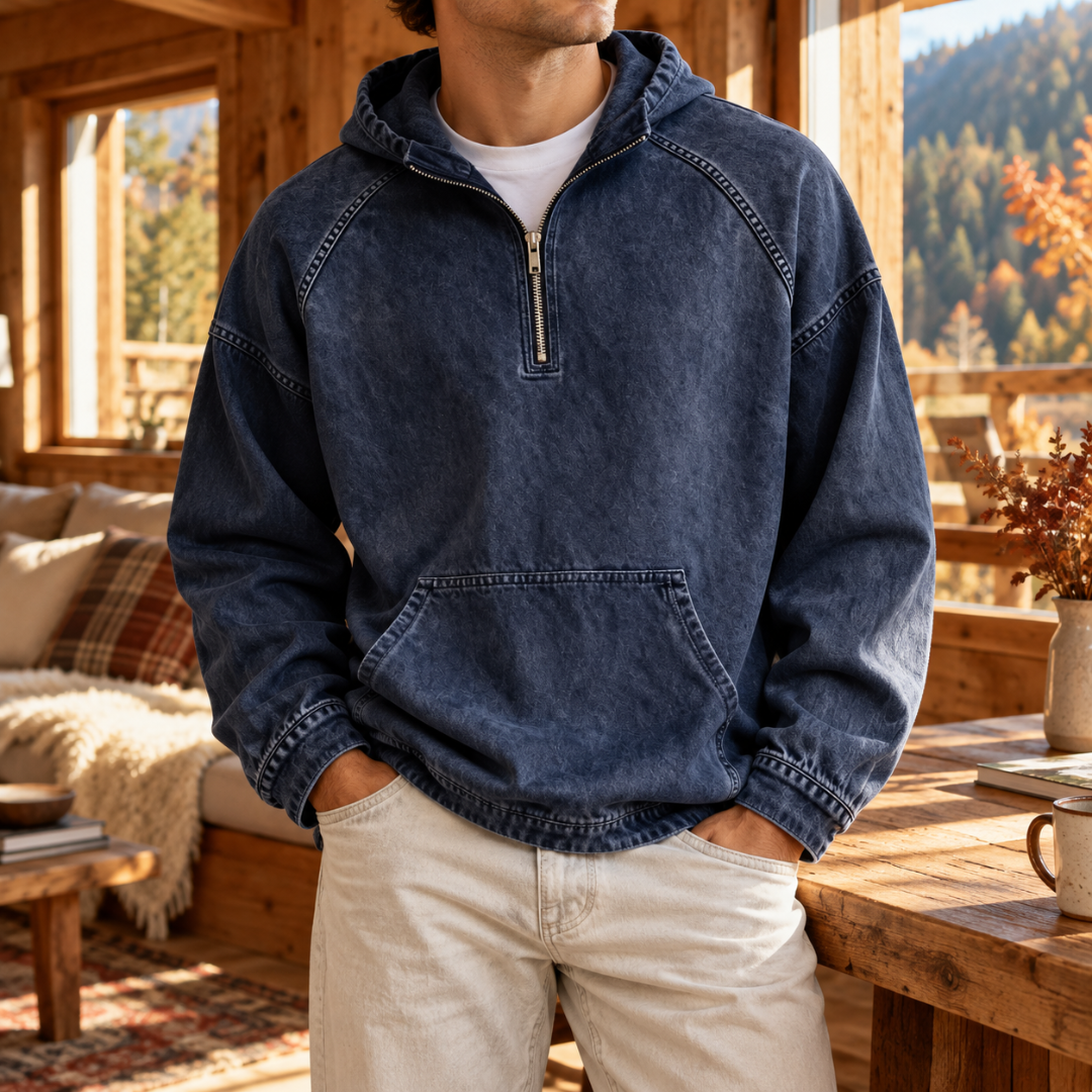 Felpa con cappuccio uomo blu navy con mezza zip e tasca frontale