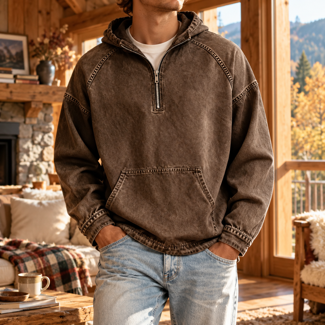 Felpa con cappuccio uomo marrone scuro delavata con cappuccio e mezza zip
