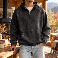Felpa con cappuccio uomo nera effetto delavato con mezza zip e cappuccio