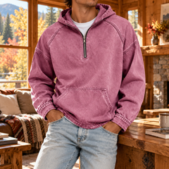 Felpa con cappuccio uomo rosa con mezza zip e cappuccio ampio