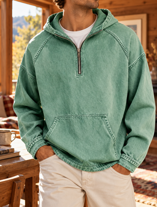 Felpa con cappuccio uomo verde chiaro con tasca frontale e mezza zip