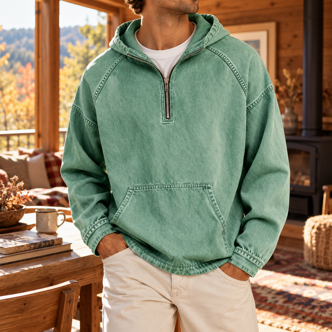 Felpa con cappuccio uomo verde chiaro con tasca frontale e mezza zip
