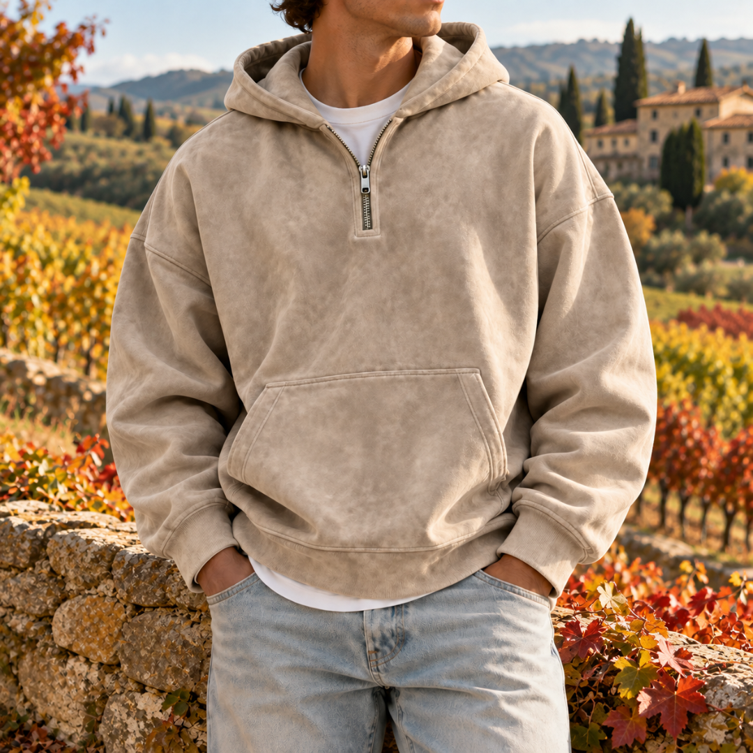 Felpa con cappuccio beige da uomo con mezza zip e tasca a marsupio