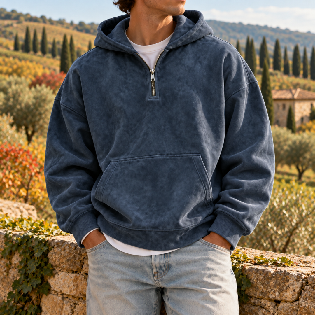 Felpa blu navy da uomo con cappuccio, mezza zip e tasca a marsupio