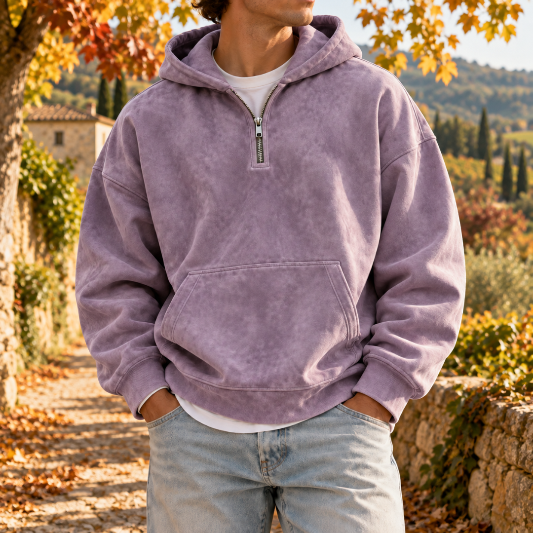 Felpa lavanda da uomo con cappuccio, zip corta e ampia tasca frontale