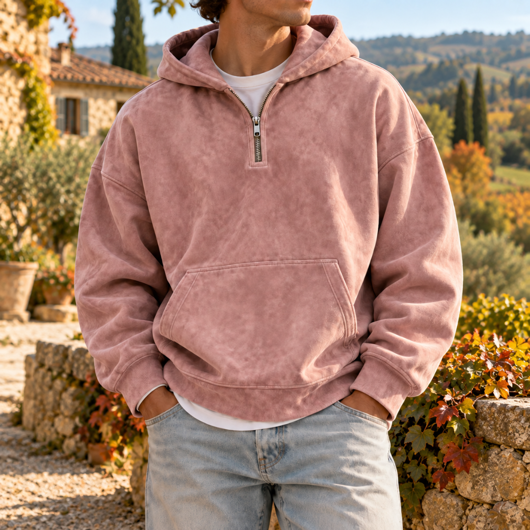 Felpa con cappuccio rosa da uomo con mezza zip e tasca a marsupio