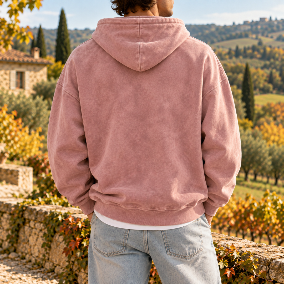Retro della felpa rosa da uomo con cappuccio e fondo a coste