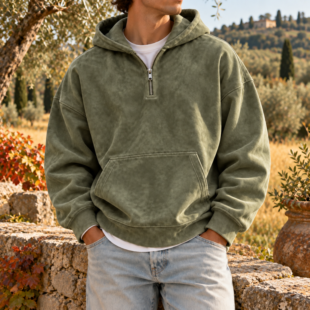 Felpa verde militare con cappuccio, mezza zip e maniche lunghe a coste