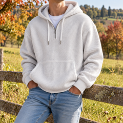 Felpa con cappuccio bianca da uomo con mezza zip e tasca a marsupio