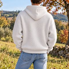 Retro della felpa bianca da uomo con cappuccio e fondo a coste