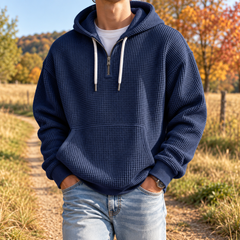 Felpa con cappuccio blu navy da uomo con tasca a marsupio e polsini a coste