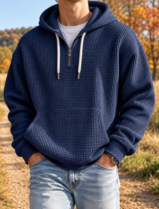 Felpa con cappuccio blu navy da uomo con tasca a marsupio e polsini a coste