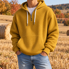 Felpa con cappuccio gialla da uomo con mezza zip e maniche lunghe