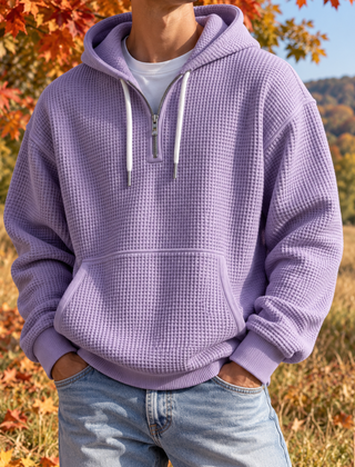 Felpa con cappuccio lavanda da uomo con zip corta e polsini a coste